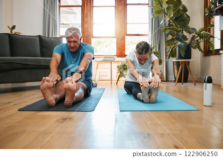 Yoga stretching, home workout and mature couple fitness in living room for wellness, exercise and healthy lifestyle in Australia. Senior man, relax woman and pilates training, energy and strong body Yoga stretching, home workout and mature couple fitness in living room for wellness, exercise and healthy lifestyle in Australia. Senior man, relax woman and pilates training, energy and strong body 122906250