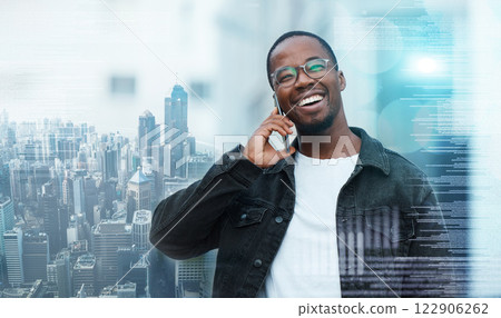 City overlay, phone call communication and businessman talking about corporate work on smartphone with smile. African worker happy while networking and working on technology with double exposure City overlay, phone call communication and businessman talking about corporate work on smartphone with smile. African worker happy while networking and working on technology with double exposure 122906262