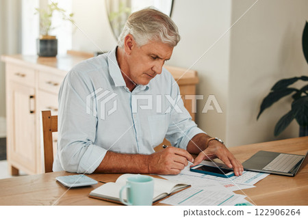 Man, elderly and phone for tax or budget banking with paper at home. Senior, laptop and paperwork with calculator on desk use web for planning, savings and financial compliance in South Africa 122906264