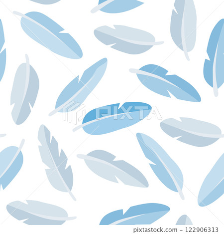 Soft and warm blue feathers cartoon seamless pattern. Vector illustration background. Pillows, coats and duvets natural and eco filler 122906313