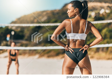 Fitness, volleyball and beach with woman in a bikini and hand signal for sports on Brazil vacation for summer, workout and health. Travel, sun and exercise with girl training for competition game Fitness, volleyball and beach with woman in a bikini and hand signal for sports on Brazil vacation for summer, workout and health. Travel, sun and exercise with girl training for competition game 122906364