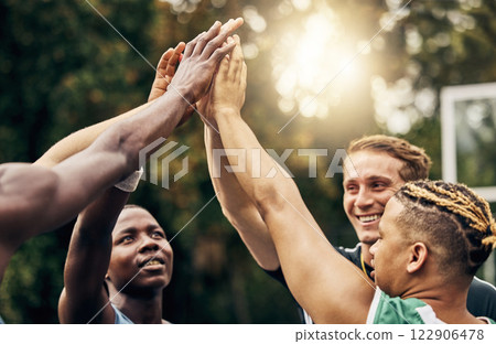 High five, basketball and teamwork success hands, motivation and target goal. Winner mindset, vision and team training to win game or sports competition for health, fitness and exercise wellness. 122906478