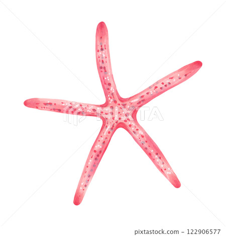 Pink five pointed starfish. Ocean mollusk. Watercolor and marker illustration. Marine theme of the underwater world. Hand drawn isolated art. Shell drawing for children's greeting cards, invitations. Pink five pointed starfish. Ocean mollusk. Watercolor and marker illustration. Marine theme of the underwater world. Hand drawn isolated art. Shell drawing for children's greeting cards, invitations. 122906577