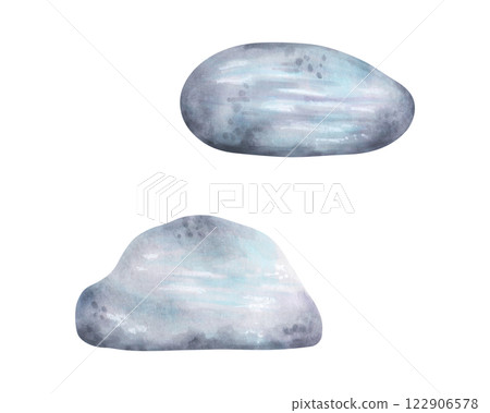 Sea rock. Pebbles for ocean design. Watercolor and marker illustration. Rock clipart for landscape design and nature scenes. Hand drawn isolated art. Geological minerals drawing. Road construction. 122906578