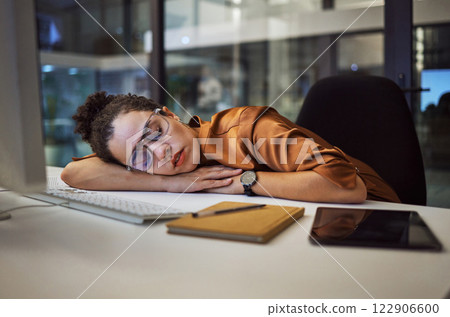 Stress, burnout and sleeping business woman in modern office, workplace at night. Tired, lazy and frustrated employee, worker and black person in nap for depression, deadlines and mental health fail Stress, burnout and sleeping business woman in modern office, workplace at night. Tired, lazy and frustrated employee, worker and black person in nap for depression, deadlines and mental health fail 122906600