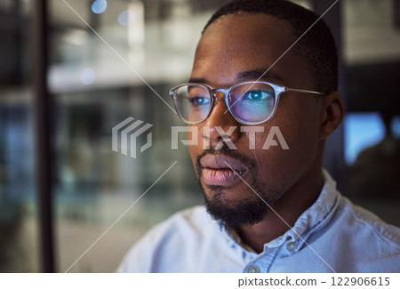 Information technology businessman with glasses and computer reflection for night vision, eyes healthcare, wellness or innovation. Office black man programmer reading online code software development Information technology businessman with glasses and computer reflection for night vision, eyes healthcare, wellness or innovation. Office black man programmer reading online code software development 122906615