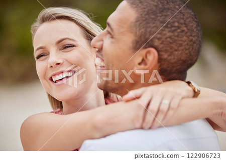 Happy, love and diversity couple with hug celebrate travel, engagement and vacation at sea, ocean or luxury beach. Smile or man and woman with happiness, laugh and bond time together or celebration Happy, love and diversity couple with hug celebrate travel, engagement and vacation at sea, ocean or luxury beach. Smile or man and woman with happiness, laugh and bond time together or celebration 122906723