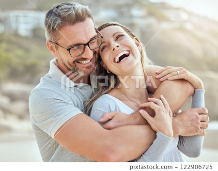 Beach, happy and couple love being on vacation together and travel to natural places on holiday for a summer romance. Happiness, smile and marriage weekend trips to the ocean for a romantic dates 122906725