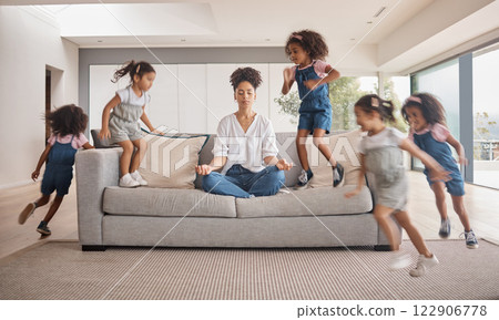 Meditation, yoga mom and children running, energy and hyperactive with adhd with mother doing stress free exercise on sofa in brazil home. Playing, distracted and energetic kids with zen woman 122906778