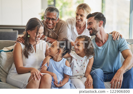Big family, children and bonding seniors on living room sofa in house or home for mothers day, good news and pregnancy announcement. Smile, happy or excited kids with mom, dad or grandparents support 122906800