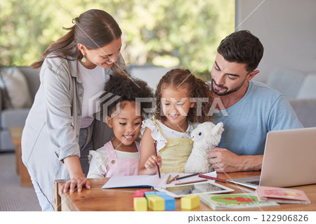 Family, children and education with a mother and father teaching their girl kids in the living room while doing homework. Study, learning and book with parents helping their daughter at home Family, children and education with a mother and father teaching their girl kids in the living room while doing homework. Study, learning and book with parents helping their daughter at home 122906826