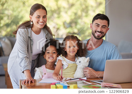 Family, children and education with kids learning at home with their mother and father for growth and development. Study, learn and school with a girl, her sister and parents in their house together Family, children and education with kids learning at home with their mother and father for growth and development. Study, learn and school with a girl, her sister and parents in their house together 122906829