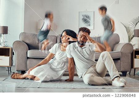 Stress, tired and parents with adhd kids playing on couch making mom sad, exhausted and frustrated with dad. Headache, mother and overwhelmed father with loud children jumping on sofa in family home Stress, tired and parents with adhd kids playing on couch making mom sad, exhausted and frustrated with dad. Headache, mother and overwhelmed father with loud children jumping on sofa in family home 122906848