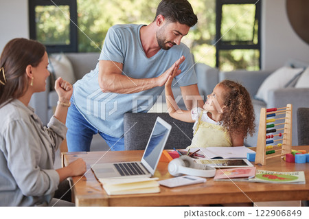 High five, family and education with a student girl learning and studying at home while her parents remote work from home. Study, school and support with a father giving motivation to his daughter High five, family and education with a student girl learning and studying at home while her parents remote work from home. Study, school and support with a father giving motivation to his daughter 122906849
