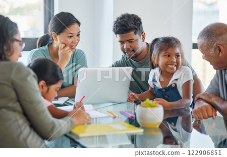 Learning, education and big family on table with laptop at home with kids studying and parents streaming online. Children, dad and mom with grandparents together in home teaching kids homeschooling. Learning, education and big family on table with laptop at home with kids studying and parents streaming online. Children, dad and mom with grandparents together in home teaching kids homeschooling. 122906851