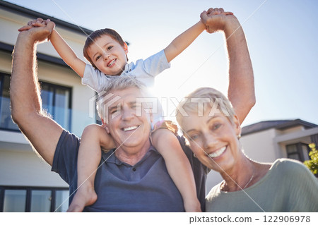 Happy grandparents, smile with child outside home and relax in retirement. Senior man, elderly woman and boy play in garden sun love time together. Kid on holiday, laughs and create childhood memory 122906978