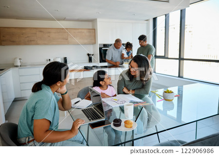 Relax, family and grandparents with kids in kitchen together to bond with small grandchildren. Young and senior Filipino relatives enjoy rest with children in positive, happy and caring home. 122906986