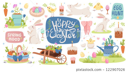 Happy Easter cartoon animal characters and garden elements set. Easter bunny, chickens, basket with. 122907026