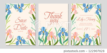 Elegant floral wedding invitation. Flowers of delicate irises close-up. Spring vertical templates. 122907028