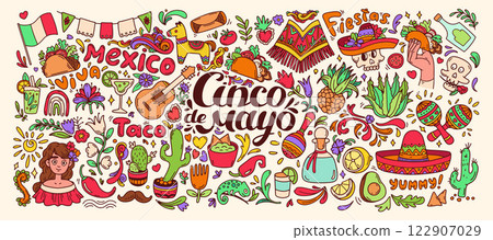 Cinco de Mayo doodle set color. Mexican food elements, plants big collection. Mexican background. 122907029
