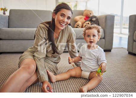 Mother, baby and smile in living room playing together on carpet in home, for fun and learning with toys. Child, mom and floor with dinosaurs figure, for development of hands, mind or brain in house Mother, baby and smile in living room playing together on carpet in home, for fun and learning with toys. Child, mom and floor with dinosaurs figure, for development of hands, mind or brain in house 122907034