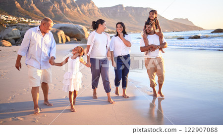 Generation big family walking beach in summer vacation, travel and freedom in South Africa. Happy, smile and carefree grandparents, parents and kids relax, bond and enjoy funny sunny holiday together Generation big family walking beach in summer vacation, travel and freedom in South Africa. Happy, smile and carefree grandparents, parents and kids relax, bond and enjoy funny sunny holiday together 122907088