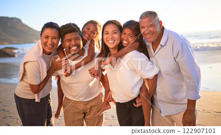 Big family, beach vacation and bonding of kids with parents and grandparents on travel holiday and trip to Indonesia with love and smile. Portrait of men, women and girl children of multi generation 122907101