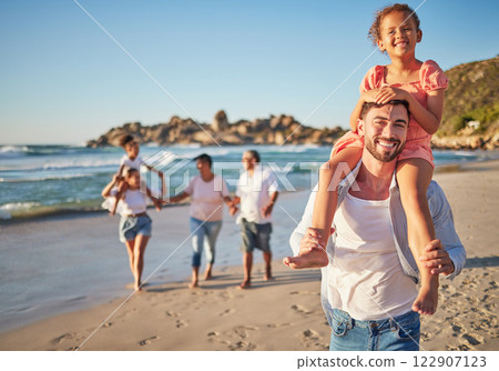Travel, beach and happy family bonding and walking along the ocean, laughing and talking in nature. Love, freedom and children looking excited with parents and grandparents on sea vacation in Mexico Travel, beach and happy family bonding and walking along the ocean, laughing and talking in nature. Love, freedom and children looking excited with parents and grandparents on sea vacation in Mexico 122907123