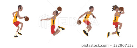 Man Basketball Player Wear Uniform in Different Pose with Ball Vector Set Man Basketball Player Wear Uniform in Different Pose with Ball Vector Set 122907132