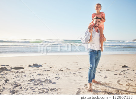 Happy, love and beach with father and girl on Cancun holiday for travel, summer and wellness. Family, smile and freedom with girl on dad shoulder walking on vacation for trust, support and relax Happy, love and beach with father and girl on Cancun holiday for travel, summer and wellness. Family, smile and freedom with girl on dad shoulder walking on vacation for trust, support and relax 122907133