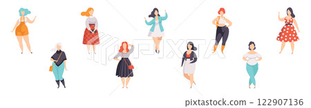 Beautiful Plus Size Woman Character in Fashionable Clothes Vector Set Beautiful Plus Size Woman Character in Fashionable Clothes Vector Set 122907136