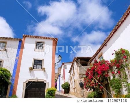 Beautiful townscape of Obidos: White-walled houses and blue sky (Portugal) Beautiful townscape of Obidos: White-walled houses and blue sky (Portugal) 122907138