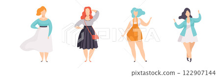 Beautiful Plus Size Woman Character in Fashionable Clothes Vector Set Beautiful Plus Size Woman Character in Fashionable Clothes Vector Set 122907144