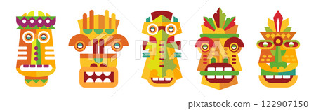 Tribal Hawaiian Wooden Carved Mask as Ritual Symbol Vector Set 122907150