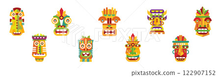 Tribal Hawaiian Wooden Carved Mask as Ritual Symbol Vector Set Tribal Hawaiian Wooden Carved Mask as Ritual Symbol Vector Set 122907152