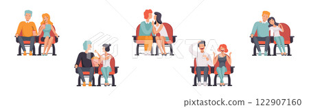 People Character in the Cinema Sit on Chair in 3D Glasses Vector Set 122907160