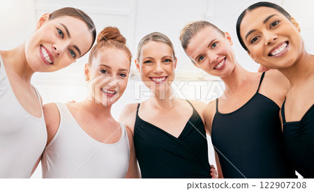 Ballet portrait, happy group and women training for dance competition, smile for team class and hug for support at studio. Ballerina dancer people dancing for professional performance together 122907208