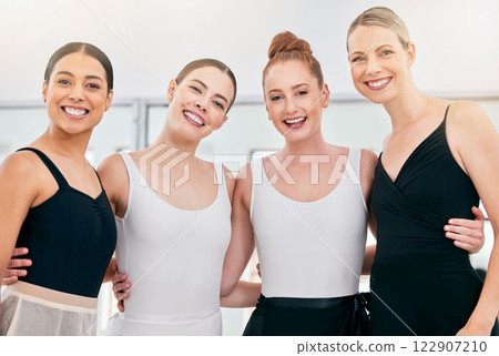 Ballet women, team support and fitness motivation portrait happy with dance growth and development at a teaching academy with mentor or coach. Group of professional dancers for trust, care and love Ballet women, team support and fitness motivation portrait happy with dance growth and development at a teaching academy with mentor or coach. Group of professional dancers for trust, care and love 122907210