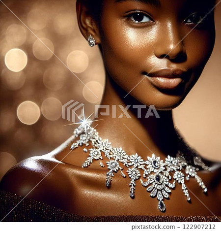 Woman wearing a necklace 122907212