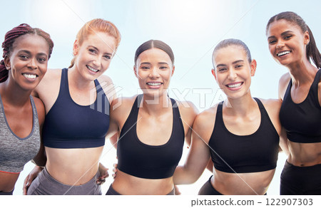 Sports, exercise and fitness with woman friends outdoor for training, workout or health. Diversity, wellness and motivation with a group of female athletes exercising for cardio and strength Sports, exercise and fitness with woman friends outdoor for training, workout or health. Diversity, wellness and motivation with a group of female athletes exercising for cardio and strength 122907303