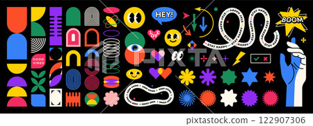 Abstract geometric shapes set vector illustration. Graphic design elements with retro line, simple form, figure, arch, flower, smiley and hand. Trendy cartoon flat stickers, brutal aesthetic 122907306