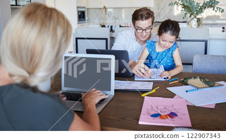 Laptop screen, work from home with family, parents and children for productivity, work life balance and learning together at table. Remote work of business woman mother with father and kid drawing Laptop screen, work from home with family, parents and children for productivity, work life balance and learning together at table. Remote work of business woman mother with father and kid drawing 122907343