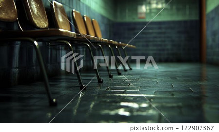 Cluttered and Dirty Hospital Waiting Room with Empty Chairs 122907367