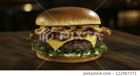 Gourmet Burger with Melted Cheese and Crispy Bacon Delight Gourmet Burger with Melted Cheese and Crispy Bacon Delight 122907371