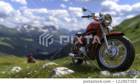 Classic Motorcycle Parked on Scenic Mountain Road in Beautiful Landscape Classic Motorcycle Parked on Scenic Mountain Road in Beautiful Landscape 122907393