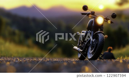 Classic Motorcycle Parked on Scenic Mountain Road at Sunset Classic Motorcycle Parked on Scenic Mountain Road at Sunset 122907394