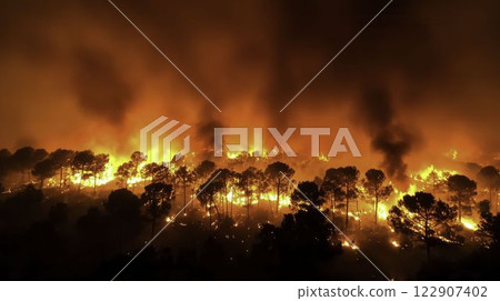 Vast Forest Engulfed in Flames with Thick Smoke Plumes Rising Vast Forest Engulfed in Flames with Thick Smoke Plumes Rising 122907402