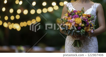 Bride Walking Down the Aisle with Beautiful Lace and Flower Bouquet Bride Walking Down the Aisle with Beautiful Lace and Flower Bouquet 122907406