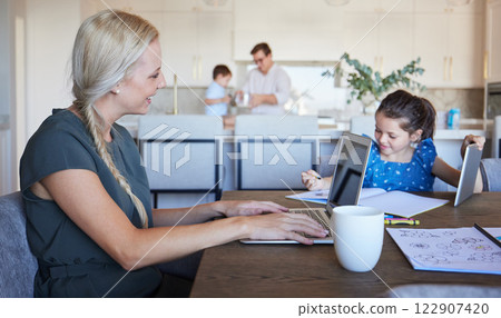 Family, children and education with a business woman working from home and her girl child doing homework. Remote work, kids and parents with a mother at work and her daughter learning for school 122907420