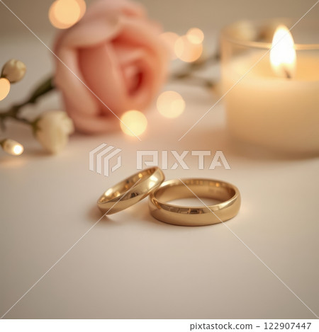 Close up of two polished, glowing gold bands stacked together, symbolizing love and unity in a romantic setting. 122907447